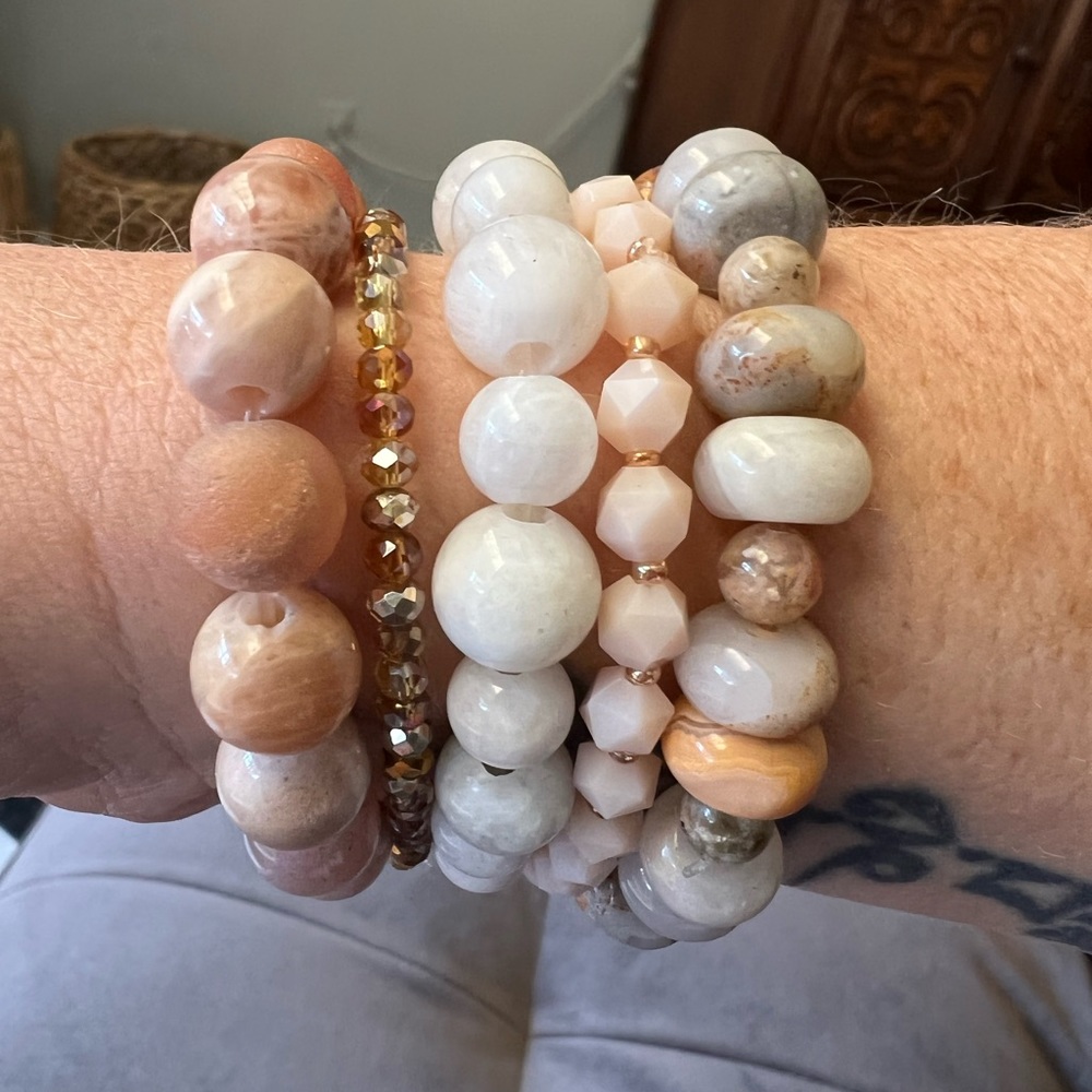 Agate and sunstone/moonstone beaded bracelet stack